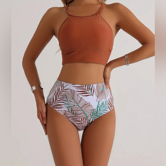 NIB High Waist Leaf Print  Bikini, Contrast Print Bathing Suit - Picture 2 of 9